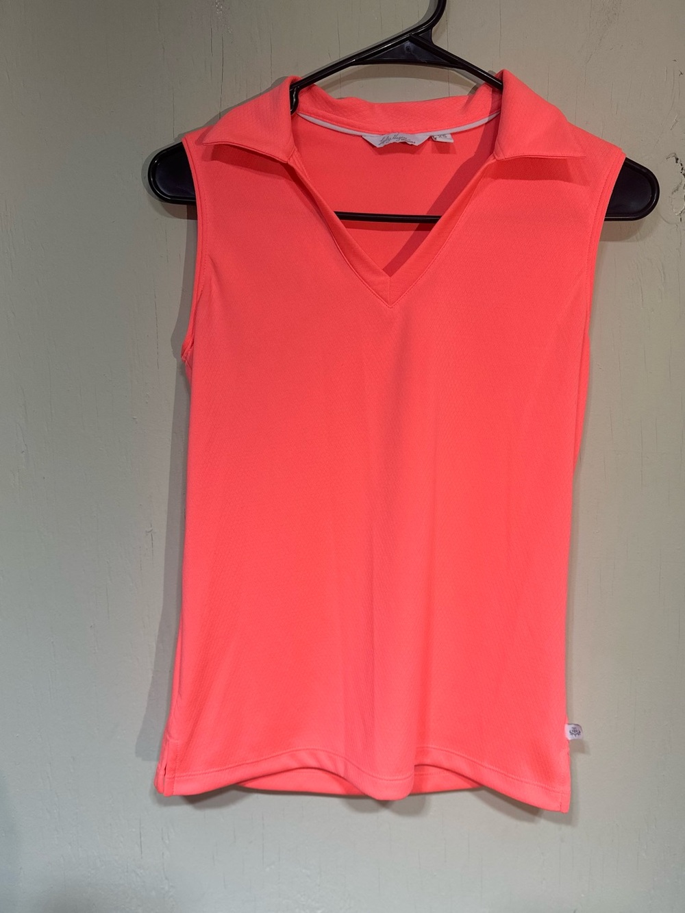 Lady Hagen bright coral sleeveless collared v neck gold polo shirt Xs